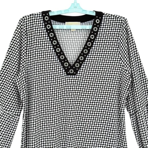 Michael Kors Womens Pullover Stretch Geometric Grommet V-Neck Long Sleeve Top XL - Picture 3 of 10
